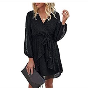 Black polka-dot textured long sleeve dress
